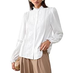 White Linen Puff Sleeves Lace Eyelet Button Up Non-stretchy