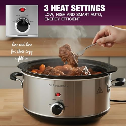 Image of Andrew James Slow Cooker Crock Pot - Sizzle to Simmer Digital Auto Setting with Tempered Glass Lid and Removable Crockpot in Silver 3. 5L