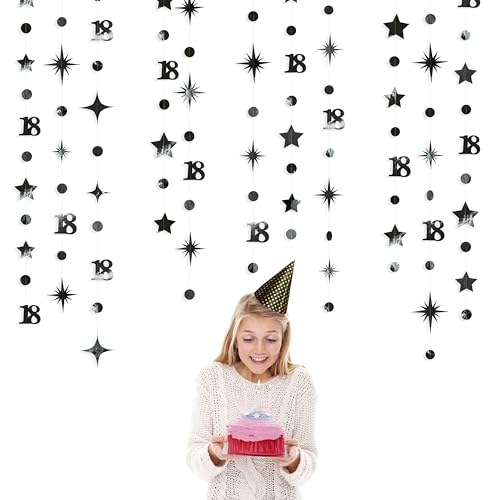 Image of Black 18th Birthday Decorations Number 18 Circle Dot Twinkle Star Garland Metallic Streamer Banner Backdrop for Girls Boys Happy 18th Birthday Time to Adult Cheers to 18 Years Old Anniversary Party