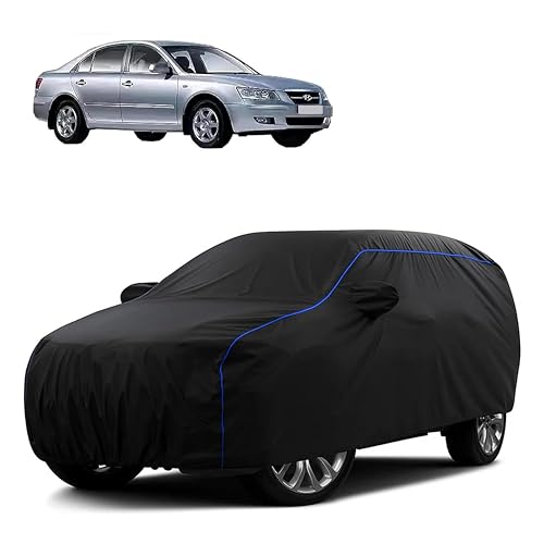 Image of Sulfar 100% Water Resistant Car Body Cover Compatible with Mirror for Hyundai Sonata Embera (Triple Stitched, Full Bottom Elastic, Black Tafetta with Blue Piping)