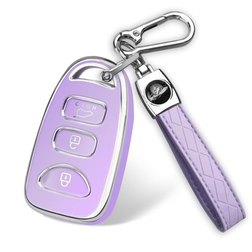 QBUC for Hyundai Key Fob Cover with KeychainCompatible with Hyundai Elantra Sonata Accent Tucson Kia Forte Optima Rondo Sorento Spectra Genesis 4 Buttons Old Smart Key (Purple Silver Edge)