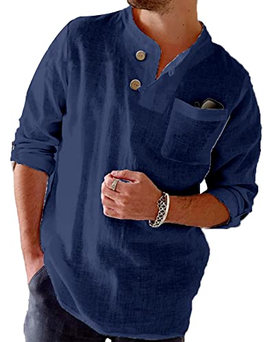 NANAMEEI Chemise Henley Homme Chemise Lin Homme Col Mao de Plage Eté Décontractée Bleu Marine 3XL