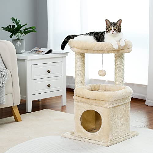 Pequlti Cat Tree Tower For Indoor Cats With Private Cozy Condo, Natural Sisal Scratching Posts And Plush Pom-Pom Small #TOP7