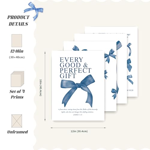 Image of LARTSFRO Coquette Navy Blue Bow Wall Art Decor Posters, Navy Blue Bow Room Bedroom Bathroom Dorm Wall Art Decor Aesthetic for Teen Girls Gifts, Inspirational Bible Verses Bow Wall Decor, 12x16 Inch Set of 4 Pcs Bow Pictures (UNFRAMED)