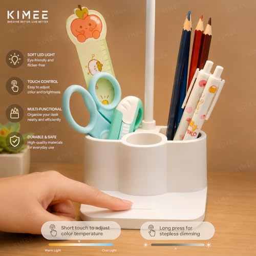 Image of Kimee Table Lamp for Study with Smart LED Display, Foldable Touch Light Desk Lamps with 3 Color Modes and Stepless Dimming, Desk Lamps with Phone Pen Holder (White)