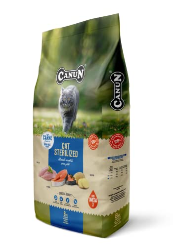 CANUN Pienso para Gatos Adultos esterilizados o con sobrepeso con Salmón Sin Cereales Alimento seco para Gatos 8 kg Fresh Cat Sterilized