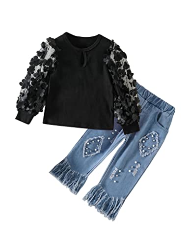 Image of Toddler Girl Clothes 3T-4T toddler girls fall winter outfits Black Lace Butterfly Long Sleeve Light Blue Jeans 2Pcs Fashion Gift Set