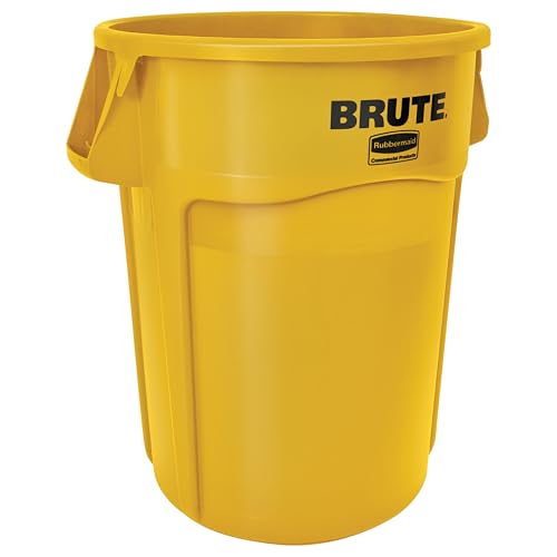 Image of Rubbermaid Commercial Products BRUTE Heavy-Duty Round Vented Trash Can /Container without Lid 55-Gallon Yellow for Landscapers /Construction Sites /Restaurants /Back of House /Offices /Warehouses