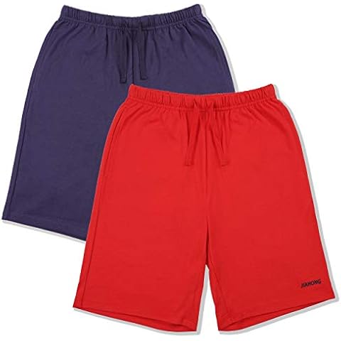 JIAHONG Boy's Bermuda Shorts 100% Cotton Shorts with Pockets for Kids Comfy Drawstring Shorts Boys & Girls 2-Pack Navy+red Large Cover