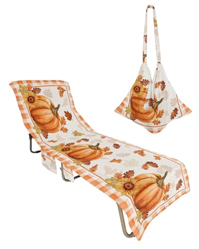 Pumpkin Plaid, Beach Lounge Chair Towel Cover, Soft Chaise Lounge Towel with Side Pockets Patio Pool Chairs Cover for Beach/Pool Sunbathing 29x85 Retro Thanksgiving Fall Leaves Sunflower