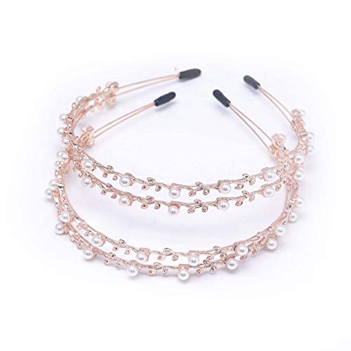 2 Rows Split Imitation Pearls Alloy Leaf Headbands Princess Hairbands Xmas Party Accessories Hair Jewelry (rose gold 2pcs)