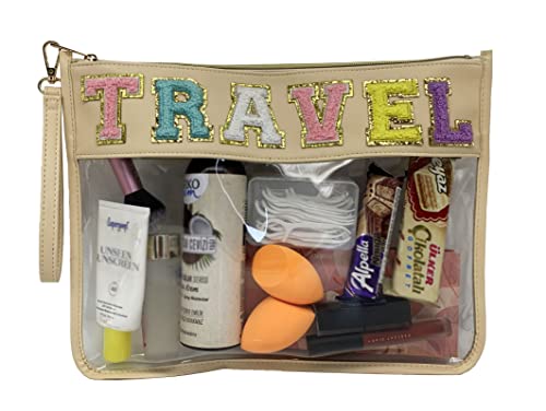 Image of HAIBOLAN Monogram Clear Stadium Purse Bag Chenille Letter Travel Patch Pouch Snack Makeup Wristlet