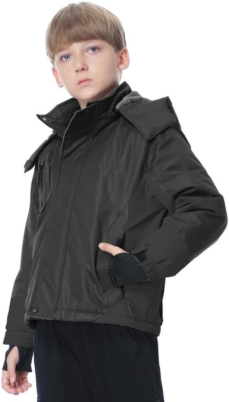 Boy's Waterproof Ski Jacket Warm Fleece Winter Snow Coat Windproof Snowboarding Jacket with Detachable Hood