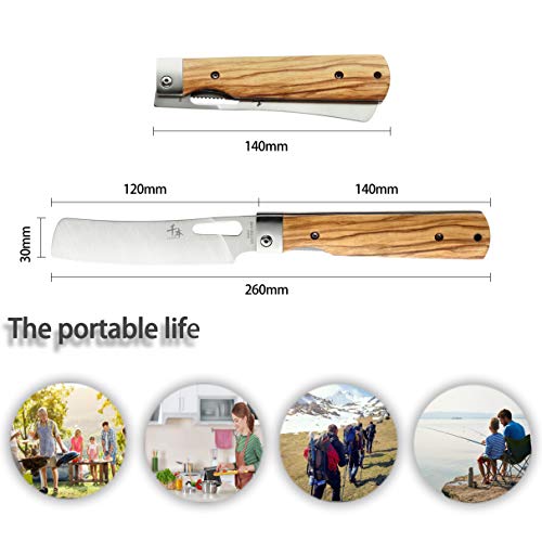 SENBON 440A stainless steel Ultra sharp pocket Japanese style folding Chef knife peeling utility knife Natural Olive Handle Camping trip Outdoor Portable kitchen knife