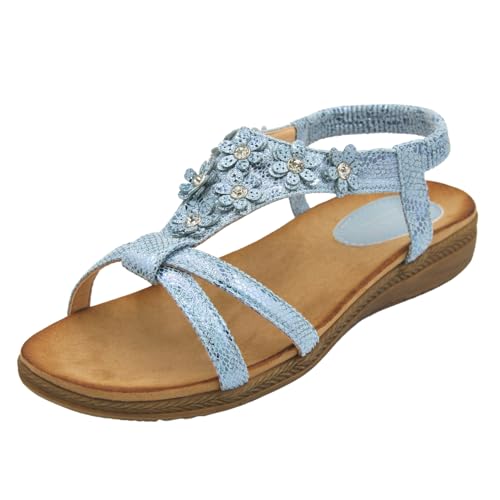 Jo & Joe Womens Low Wedge Sandals Diamante Floral Holiday Ladies Adjustable Sandals Blue 5