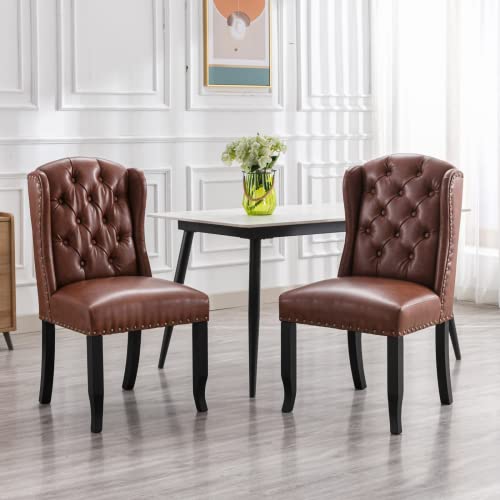 HEAH-YO-Refined-Upholstered-Dining-Chairs-Set-of-2-Armless-Kitchen-Chairs-with-Wood-Legs-and-Copper-Nails-Tufted-PU-Leather-Dining-Room-Chairs-for-Kitchen-Brown HEAH YO Refined Upholstered Dining Chairs Set of 2 Armless Kitchen Chairs with Wood Legs and Copper Nails Tufted PU Leather Dining Room Chairs for Kitchen Brown