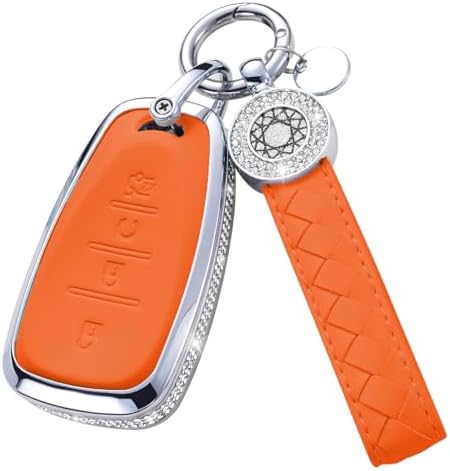 for Chevy Chevrolet Key Fob Cover with Keychain, Orange Leather Rhinestone Key Case Protection Shell Fit for Equinox Malibu Cruze Camaro Tahoe Silverado Traverse Blazer Sonic 4 Buttons, Trunk