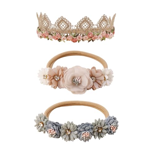 Image of mligril Baby Girl Nylon Headbands Flower Hair Bows Accessories-Elastic Hair Band Crown Handmade FLoral Wraps Birthday Gifts for Girls Newborn Infant Toddler 3Pcs
