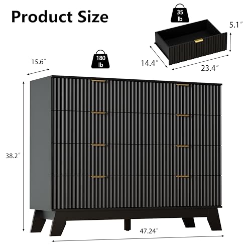 Image of 8 Drawer Dresser for Bedroom, 47''W Fluted Wooden Dresser Storage Cabinet and Chest of Drawers with Metal Handle, Storage Organizer for Living Room, Hallway, Entryway, Black