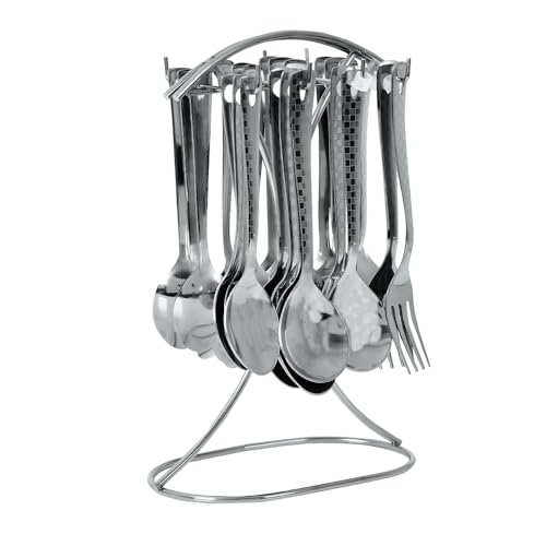 Image of Premium Stainless Steel, 25-Piece Cutlery Set for Kitchen & Table (6 Dessert Table Spoons, 6 Forks, 6 Tea Spoons, 6 Soup Spoons, 1 Storage Stand) (25, Silver)