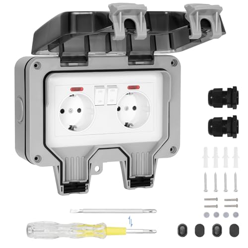 SHYOSUCCE Enchufe de Exterior Doble, Toma de Corriente IP66 con Interruptor, Conector de Cable y Tapa Abatible, Enchufes Estancos para Cocina, Baño, Garaje, Piscina y Jardín, Negro, blanco