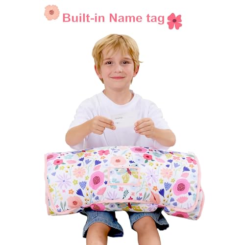 Image of Viviland Toddler Nap Mat, Rolled Sleeping Mats with Pillow and Minky Dot Blanket for Girls, Kids Slumber Bag Nap Mat for Preschool, Daycare, Kindergarten, Travel Camping - Butterfly Garden