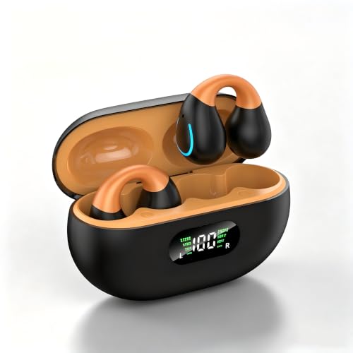 Image of Paekole Open Ear Earbuds 2026 Clip On Earbuds Open Ear Headphones, Premium Bluetooth, Hi‑Res Audio, Long‑Lasting 80H Playtime, Clip‑On Earbuds for Daily & Sports Workout, Black‑Orange