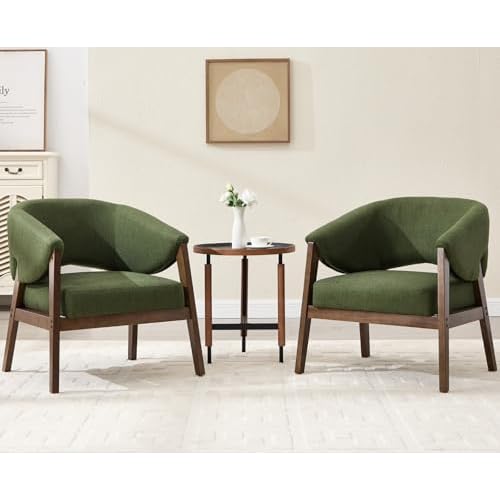 CIMOTA Mid-Century Modern Accent Chair, Comfy Barrel Armchair with Wide Seat, Upholstered Lounge Chair with Walnut Wood Legs for Living Room/Bedroom/Reading Corner, Linen Fabric, Brown, 1PC