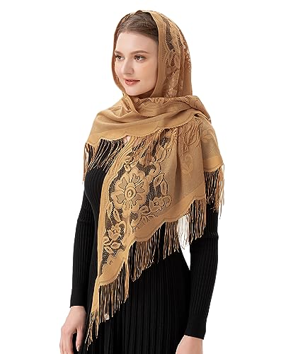 PAMOR Triangle Catholic Church Veil Chapel Veil Scarf Mantilla Veils Wrap Shawl Mass Head Covering with Fringe Trim (Beige)