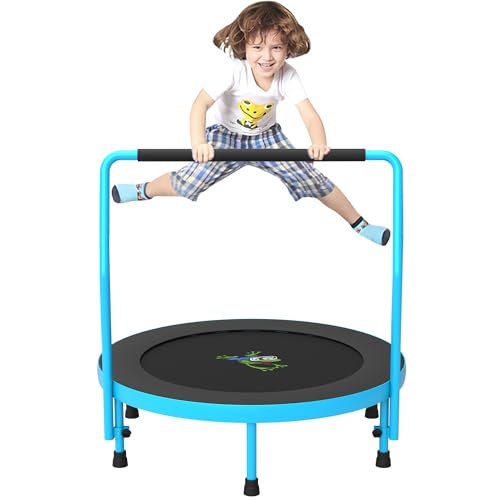 Jump Into Fun 36’’ Mini Tranpoline for Kids, 3FT Toddler Tranpoline with Handle, Foldable Kids Tranpoline Indoor/Outdoor for Toddlers Ages 3-6, Small Fitness Rebounder Tranpoline, Blue & Black