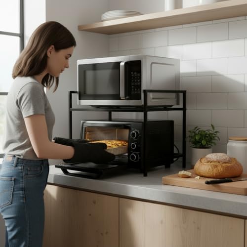 Image of RIZIK STORE Metal Adjustable Microwave Oven Stand for Kitchen Platform | 2-Tier Microwave & OTG Stand | Heavy Duty Organizer Rack | Powder Coated | Black | CRC Steel