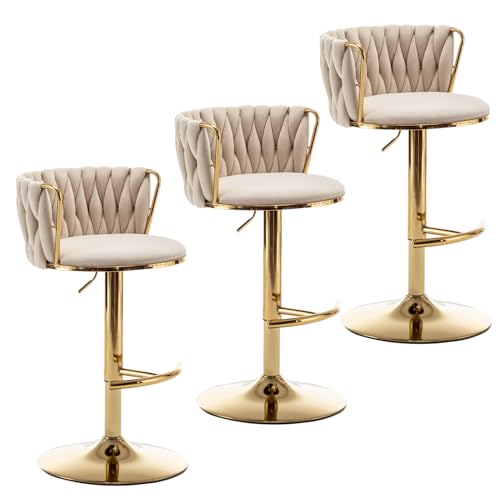 Cinxzar Gold Velvet Bar Stools Set of 3, Swivel Counter Height Bar Stools with Back, Adjustable Woven Barstools for Kitchen Island, Pub, Club (Beige)