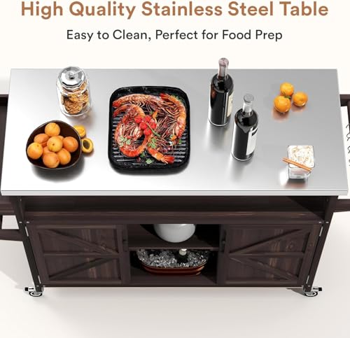 ABBSR Outdoor Garden Patio Party BBQ Grill Cart Side Table, Home Rolling Kitchen Island with Stainless Steel top, Shelves, Storage Cabinet, Spice Rack, Towel Rack(Dark Brown)