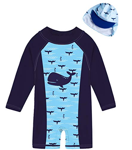 uideazone Kid Boy Long Sleeve One Piece Rashguard Zip Swimsuit with Sun Hat UV UPF 50+ Sun Protection Swimwear