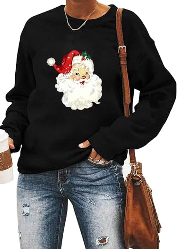 Dahuiya Christmas Sweatshirts For women Funny Christmas Sweater Cozy Holiday Graphic Tops (L Santa-Black)