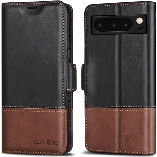KEZiHOME for Google Pixel 8 Pro Case, Google Pixel 8 Pro Wallet Case [RFID Blocking] Genuine Leather with Card Slots Stand Flip Cover Compatible with Google Pixel 8 Pro 5G (Black/Brown)