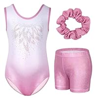 Gogokids Girls' Three-Piece Gymnastics Set, Sleeveless Leotards with Shorts and Hairband, Sparkling Ballet Dancing Unitards - Gymnastics Outfit with Gradient Color Design for 9-10 Years
