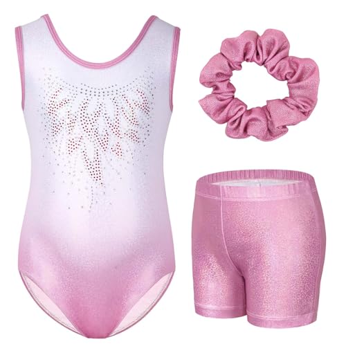 Gogokids - Set da ginnastica da bambina, 3 pezzi, senza maniche, body senza maniche con pantaloncini e fascia per capelli, per ginnastica, danza, con brillantini, per bambine di 3-12 anni, Gradiente