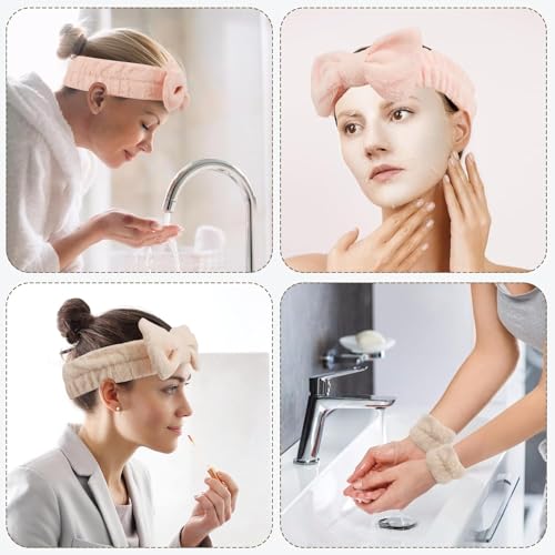 Image of Spa Headband and Wristband Set, Face Wash Headband Makeup Skincare Headband Wrist Bands Washing Face for Preppy Skincare Women Girl (Cream,Pink)