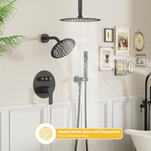 Image of BESy Shower Faucet Fixtures Set for Bathroom, 10 & 6 In Round Dual Rain Shower Head, Ceiling & Wall Mounted Rainfall Shower System, Push Button Diverter Shower Valve with 2 in 1 Handheld, Matte Black