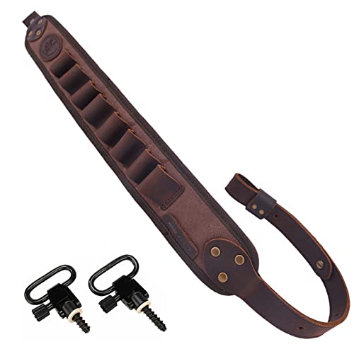 Leather Gun Ammo Sling, Adjustable Canvas Shotgun Gun Shell Holder Straps for 12GA (Coffee with Swivels)