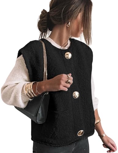 Aedceal Womens Fleece Sweater Vest Casual Sleeveless Button Down Knit Gilet Outerwear Cardigan with Pockets(Black-L)