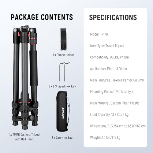 NEEWER Basics Carbon Fiber Travel Tripod Monopod, 64" Compact Lightweight Portable Camera Cell Phone Holder Stand Compatible with iPhone Video Recording, Arca Type Ball Head, Max Load 13.2 lbs, TP17B by NEEWER - Image 9