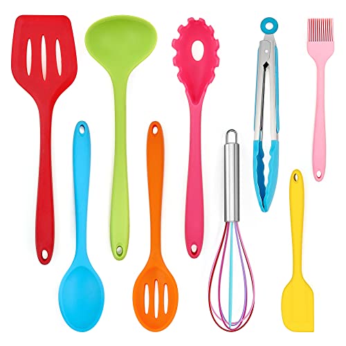 Küchenhelfer Set, Joyfair 9 Stück Silikon Küchenutensilien, Hitzebeständiges Kochutensilien Kochgeschirr Set mit Pfannenwender Schneebesen Grillzange, Antihaft Kochbesteck zum Kochen & Backen-Bunt