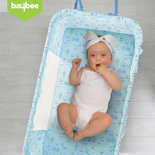 Image of BAYBEE Clora Baby Cradle and Swing with Mosquito Net | Jhula Palna for Newborns | 360 Rotating Lockable Wheels & Storage Basket | Light Blue