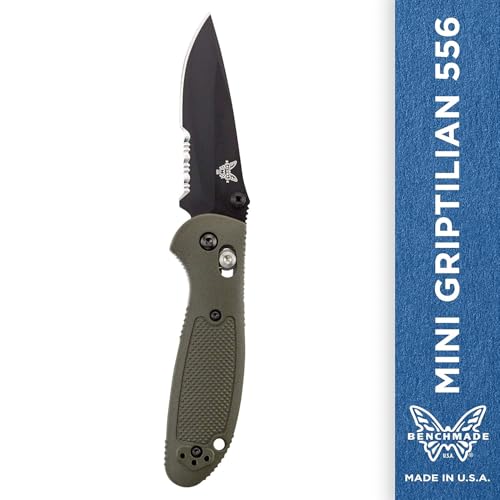Benchmade - Mini Griptilian 556 EDC Manual Open Folding Knife Made in USA, Drop-Point Blade, Serrated Edge, Coated Finish, Olive Handle