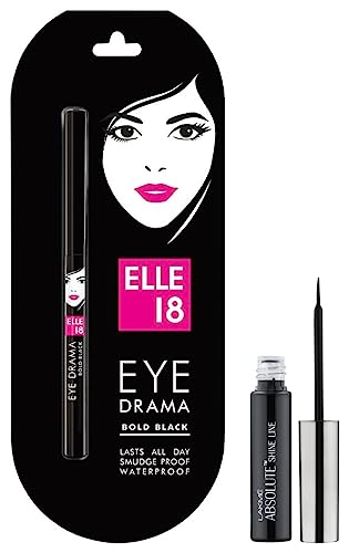 Elle 18 Eye Drama Kajal, Bold Black, 0.35g And Lakme Absolute Shine Liquid Eye Liner, Black, 4.5ml