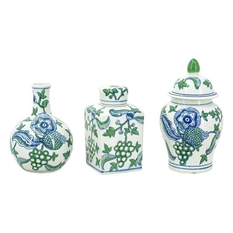 T2 Concept Set of 3 Decorative Porcelain Home Accents with Blue and Green Cherry Blossom Motif, Includes Traditional Ginger Jar, Flower Vase, and Lidded Jar: 6-8" Tall Cover