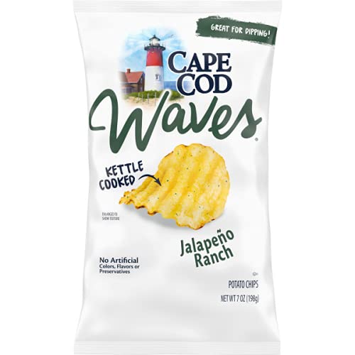 Cape Cod Potato Chips Waves Kettle Cooked Potato Chips, Satisfying All Natural- Great For Dipping (Jalapeno Ranch, 3 Bags)