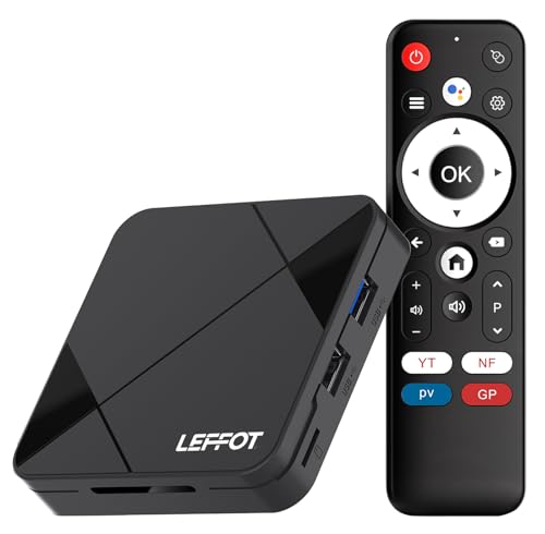 LEFFOT Android 14 TV Box 2025, 2GB de RAM + 16GB de ROM, RK3518 4K Ultra HD Android TV Streaming Box, Smart TVBox con Control de Voz, WiFi 6 BT 5.4 USB 3.0, HDR10, 100M Ethernet, RK3518 Quad-Core A53